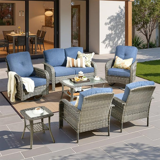7 Pieces Patio Conversation Sets,Patio Furniture Set with Swivel Rocking Chairs,Coffee Table, Side Table, All Weather Rattan Wicker Outdoor Sectional Furniture Set for Porch Balcony Backyard Blue