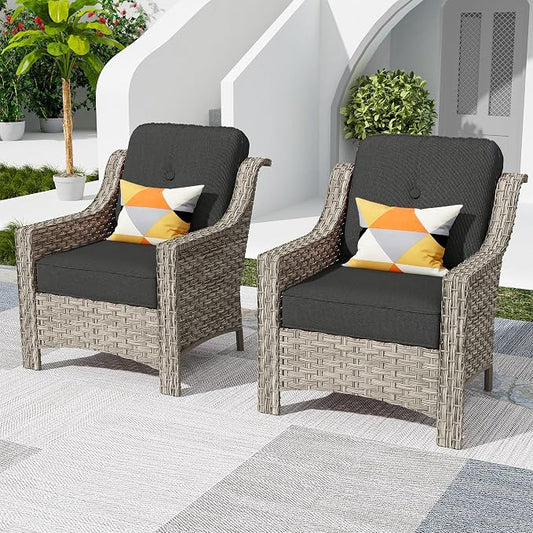 HOOOWOOO 2 Piece Patio Chairs Set,Outdoor Wicker Chairs,All Weather Resistant High Back Rattan Deck Chairs Matching Furniture(Black)