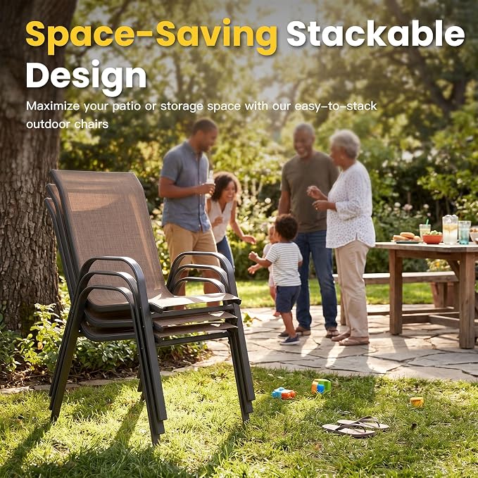 VICLLAX Patio Dining Set for 4, All Weather Metal 5 Pieces Patio Set-40.6" Round Outdoor Table and Stackable Chairs for Lawn Garden and Backyard, Walnut Wood Grain Tabletop
