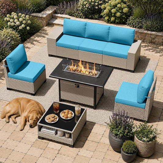 7-Piece Outdoor Patio Furniture Set with Fire Pit, Modular Sectional Sofa Set with Glass Coffee Table and Cushions, Wicker Outdoor Couch Conversation Sets, Turquoise