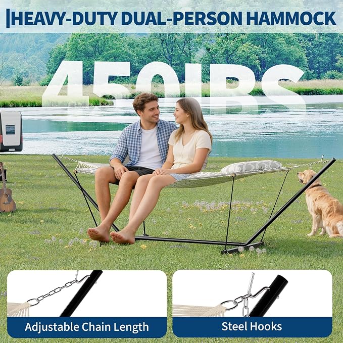 Portable Double Hammock with Stand, 2 Person Quilted Padded Hammock with Pillow, Adjustable Heavy-Duty Steel Hammock Stand, Foldable Outdoor Hammock for Patio Garden Backyard Beach Camping, Light Grey