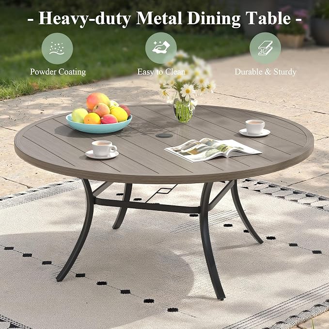 9 Pieces Outdoor Dining Set, 53" Round Table with Umbrella Hole & Stackable Patio Dining Chairs, Patio Table and Chairs Set for Deck Garden Porch, Grey Chairs & Grey Table
