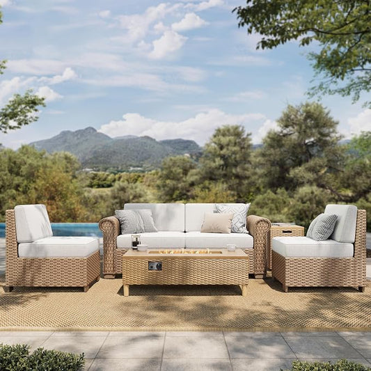 HERA'S HOUSE Patio Furniture Set, All Weather 4 Seats Outdoor Sectional Wicker Sofa with Fire Pit Table, 5.5" Thick Waterproof Cushion Modular Conversation 6 Pieces Sofa Set for Garden Deck Backyard