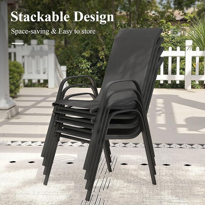 5 Pieces Outdoor Dining Set, 40.2" Square Table with Umbrella Hole & Stackable Patio Dining Chairs, Patio Table and Chairs Set for Deck Garden Porch, Black Chairs & Walnut Table