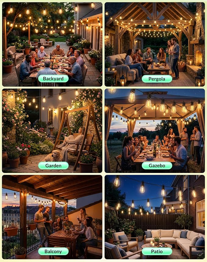 Outdoor String Lights Patio Light - 50Ft Outside Waterproof Dimmable Bulbs | S14 LED Remote Porch Light, Shatterproof Edison Bulbs Hanging Connectable Lighting for Gazebo Backyard Bistro Pergola, Timer