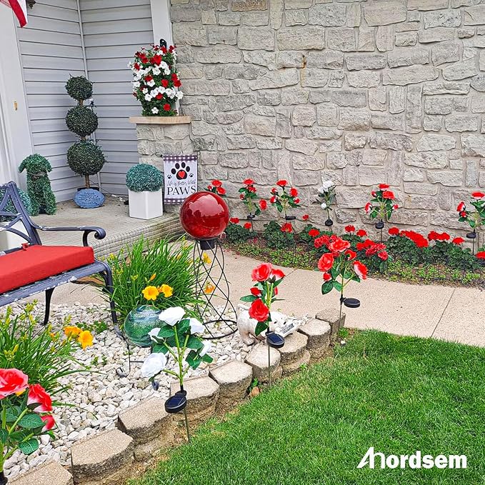 Anordsem Solar Garden Lights Outdoor: Waterproof Fabric Roses - Red LED Flower Decorations for Yard Patio Path Cemetery Grave - Birthday Gifts for Women Mom Wife - 4 Pack Red