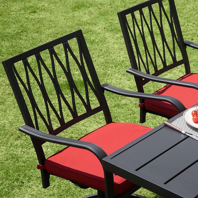NUU GARDEN 7 Piece Outdoor Dining Set, Outdoor Furniture Set for Rectangle Iron Umbrella Dining Table and 6 Cushioned Swivel Chairs, Black and Red Cushion
