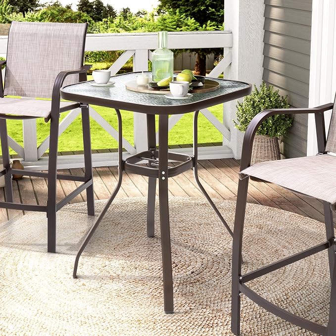 Crestlive Products Outdoor Bar Table with Umbrella Hole, Patio Dining Bistro Table with Aluminum Frame Tempered Glass Top, Outside Banquet Furniture for Garden, Pool, Deck, Lawn (Brown)