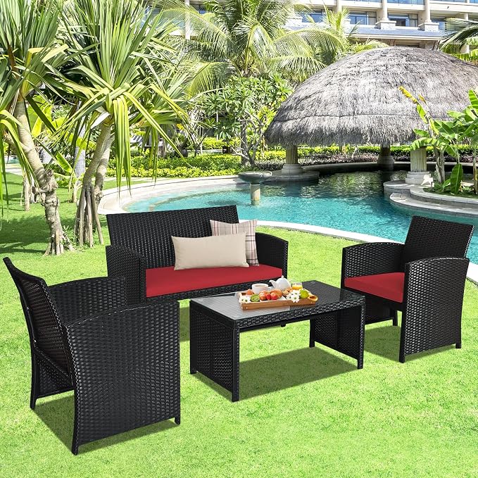 Goplus Rattan Patio Furniture Set 4 Pieces, Outdoor Wicker Conversation Sofa and Table Set with Soft Cushions & Tempered Glass Coffee Table for Balcony Garden Backyard (Red)