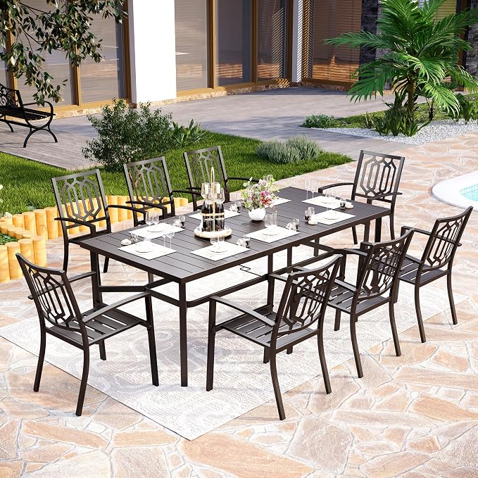 PHI VILLA 9 Pcs Outdoor Dining Set, 83" Steel Table w/Umbrella Hole | Rectangular Metal Table w/ Umbrella Hole & Stackable Wrought Iron Chairs,Patio Furniture for Patio, Deck, Yard, Porch