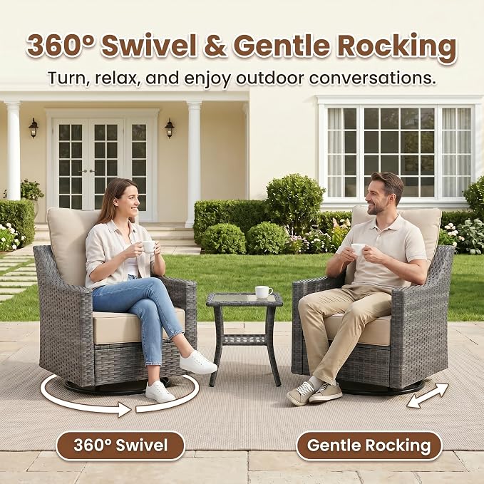 7-Piece Outdoor Patio Furniture Set, Grey Wicker Conversation Set with Sofa, 2 Swivel Chairs, 2 Chairs, Side Table and Rectangular 60,000 BTU Fire Pit Table, Beige Cushions