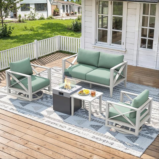 Aluminum Patio Furniture Set with Fire Pit Table, 6-Piece All-Weather Outdoor Conversation Set with Swivel Rocking Chairs, Oversized Modern Sofa for Backyard,Deck,Balcony–White