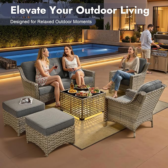6 PCS Patio Furniture Set, Deep Seat High Back Outdoor Conversation Set with Ottomans, Wicker Outside Furniture with Solar Light Coffee Table for Porch Backyard Balcony, Sunroom, Dark Grey