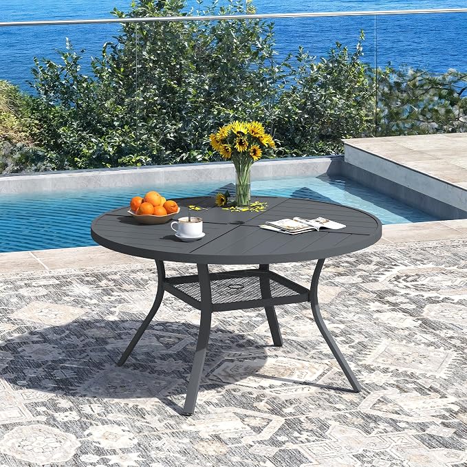 DIFY 5 Piece Outdoor Patio Dining Set for 4, 40.6" Round Dining Table with Umbrella Hole and Stackable Metal Chairs, Patio Table and Chairs Set for Backyard Garden Poolside, Grey