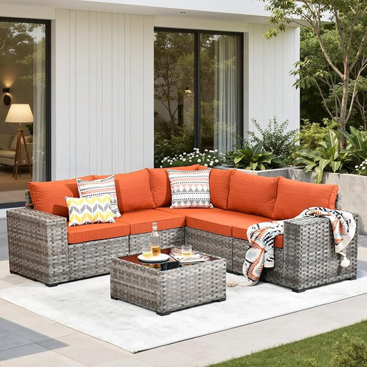 6 Pieces Patio Furniture Set, Wicker Outdoor Sectional Sofa with Coffee Table Comfy Cushions, Modern Modular Deep Seat Rattan Couch Conversation Set for Backyard Porch Yard,Orange