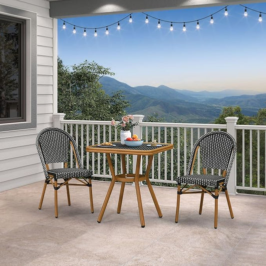 PURPLE LEAF 3-Piece French Bistro Dining Set Square Outdoor Patio Table and 2 Armless Chairs Tempered Glass Top PE Rattan Bamboo Print Finish Aluminum Frame Black