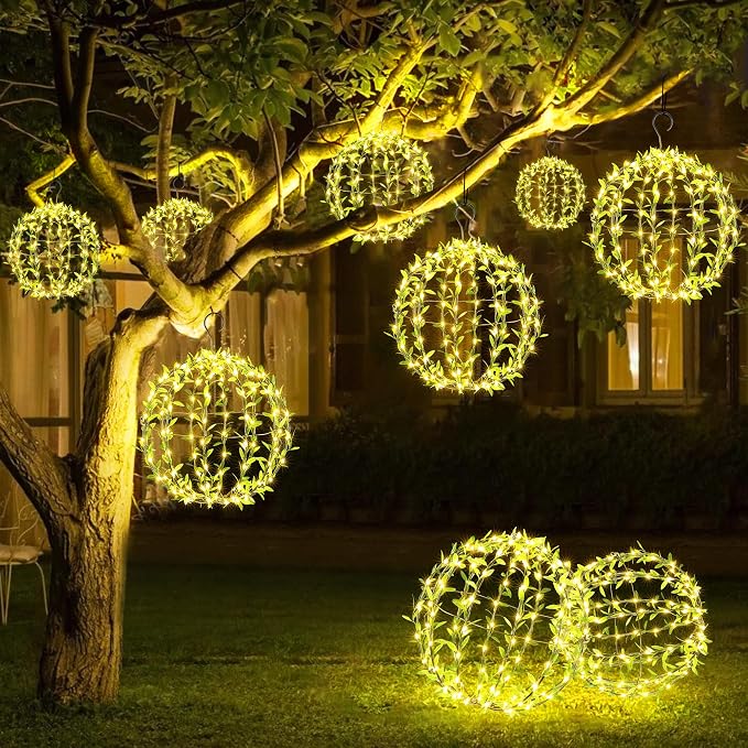 Joomer Solar Ball Lights Outdoor, 2Pack 13 & 11in Total 264 LED, Warm White | Solar Powered Hanging Globe Metal Sphere Lights, 8 Modes Waterproof with Hooks for Patio Garden Gazebo Decorative Tree Decor