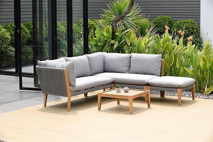 Urban Elements Famiglia 5-Piece Wood Outdoor Sectional | Teak Finish 100% FSC Eucalyptus | Backyard Sectional Furniture, Patio Conversation Sets, Outdoor Seating Set, Grey