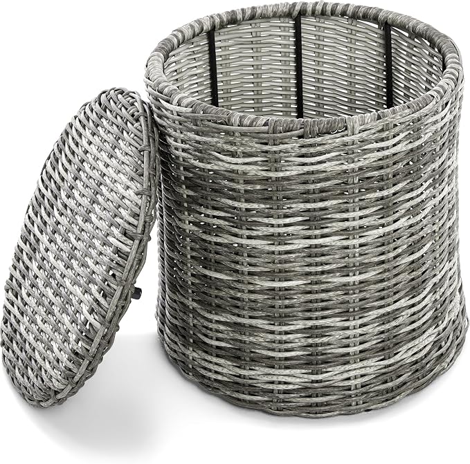 Pemberly Row Outdoor Side Table with Storage, Gray Hand-Woven All-Weather Wicker, Round Accent Table, 18 in Wide Top, 19 in Deep Storage, Adjustable Feet for Patio or Terrace Use