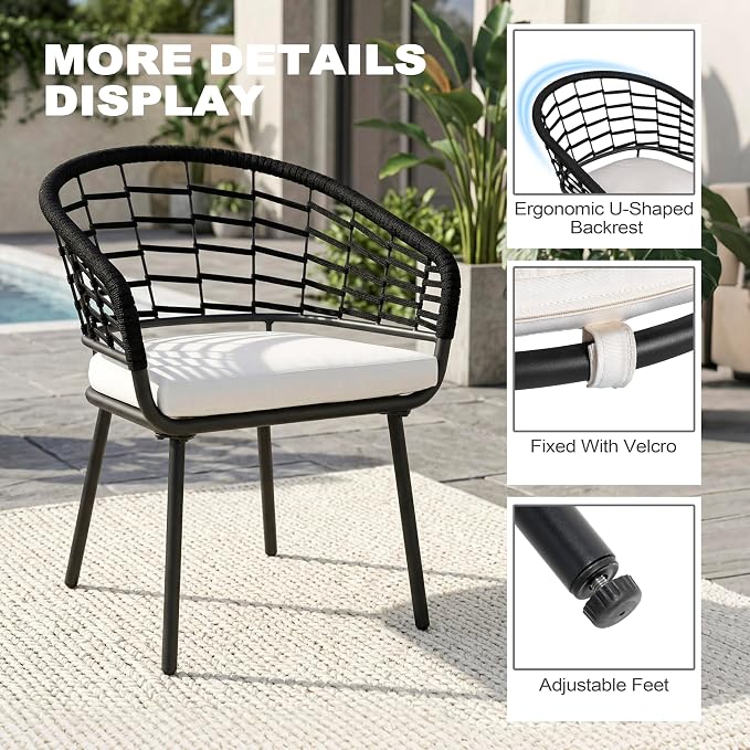 NUU GARDEN 7-Piece Patio Dining Set, Patio Table and Chairs Set Includes Rectangular Patio Table with Umbrella Hole, 6 Woven Rope Chairs with Beige Cushions, Outdoor Furniture Set, Blac