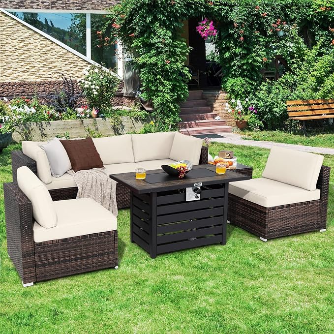 Tangkula 7-Piece Outdoor Patio Furniture Set with 42" Propane Fire Pit Table, Outdoor Wicker Conversation Set with Cushions and Tempered Glass Coffee Table, 50,000 BTU Gas Fire Pit Table (Off White)