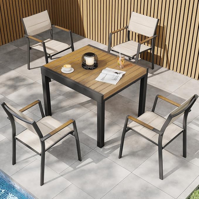 Outdoor Patio Dining Chairs Set of 4, Light Weight Aluminum Frame with Textilene Fabric & Wood-like Armrest, 275 LBS Capacity, Outdoor Stackable Chairs for Poolside Lawn Garden, Brown Armrest