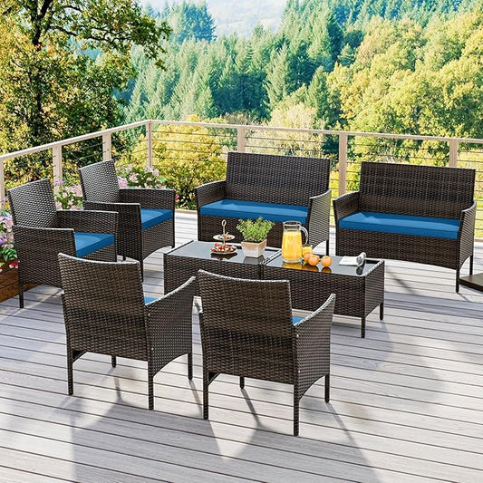 KOTEK 8 Piece Patio Furniture Set, Outdoor Rattan Conversation Set with Loveseat, Wicker Chairs, Tempered Glass Coffee Table, Wicker Patio Set for Backyard, Porch (Peacock Blue)