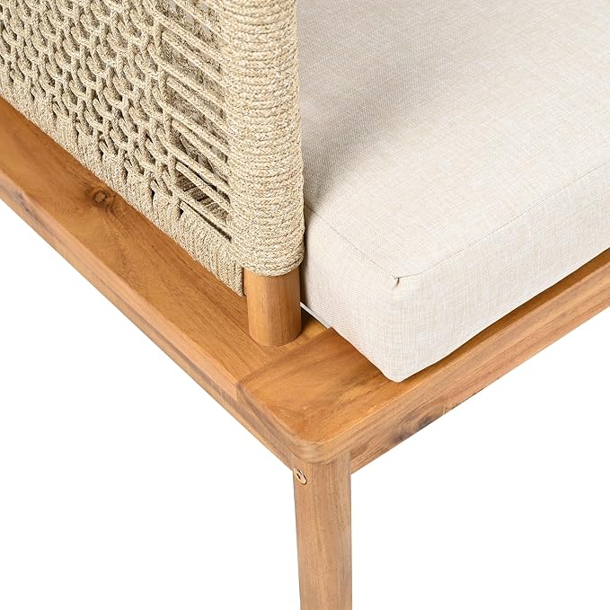 VilroCaz Outdoor 5-Piece Acacia Wood and Rope Patio Sofa Set, All-Weather Conversation Set with Coffee Table and Thick Cushions for Garden Backyard Balcony (Teak+Beige-4P)