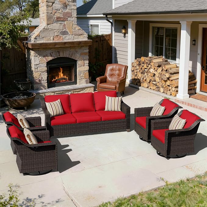 5 Pieces Patio Conversation Furniture Set - 1 Sofa, 4 Swivel Chairs, Outdoor Wicker Furniture with Removable Cushions for Porch, Balcony, Sunroom (Red)