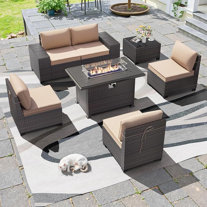 7 PCS Outdoor Patio Furniture Set,Outdoor Sectional Furniture with 43" 55000 BTU Gas Propane Fire Pit Table,All Weather PE Rattan Wicker Patio Conversation Set,Sand