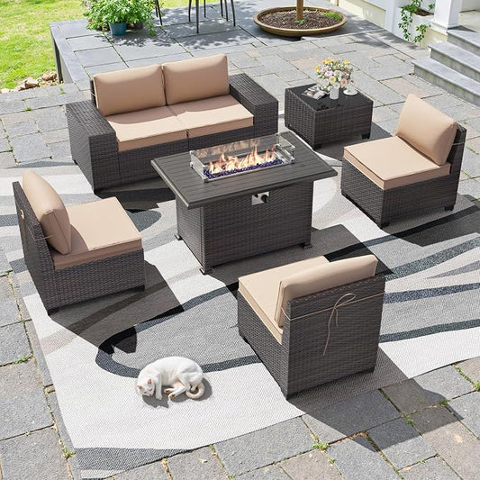 7 PCS Outdoor Patio Furniture Set,Outdoor Sectional Furniture with 43" 55000 BTU Gas Propane Fire Pit Table,All Weather PE Rattan Wicker Patio Conversation Set,Sand