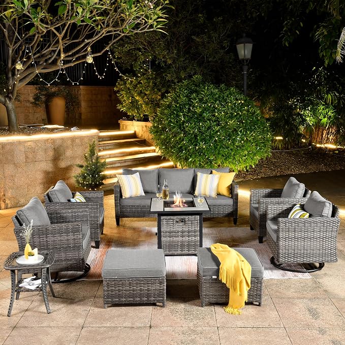 ovios 9 Pieces Patio Furniture Set with Square Fire Pit Table, Outdoor Swivel Rocking Chairs, High Back Wicker Rattan Conversation Set for Deck Porch, Dark Grey
