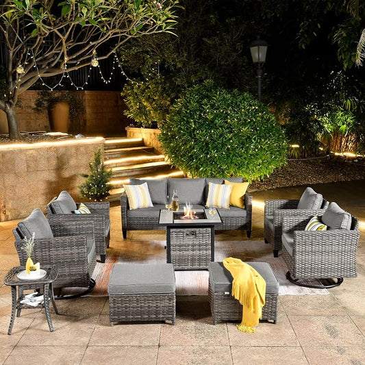 ovios 9 Pieces Patio Furniture Set with Square Fire Pit Table, Outdoor Swivel Rocking Chairs, High Back Wicker Rattan Conversation Set for Deck Porch, Dark Grey