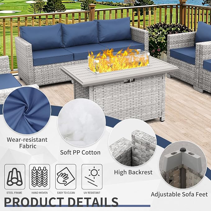 WAROOM Patio Furniture Set 5 Piece Outdoor Furniture with Fire Pit Table, Grey Wicker Sectional Sofa Couch Sets Backyard Deep Seating PE Rattan Chairs with Navy Blue Cushion