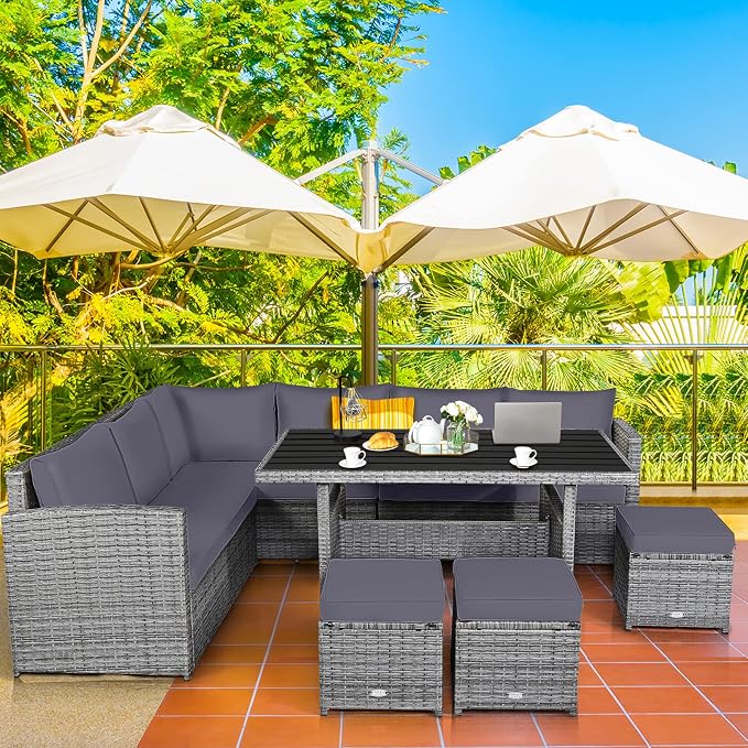 Tangkula 7 Pieces Patio Furniture Set, Outdoor Sectional Rattan Sofa Set with Cushions, All Weather Wicker Conversation Couch Set w/Dining Table & Ottomans for Backyard Garden Poolside (Grey)