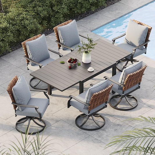Grand patio 7-Piece Outdoor Dining Set, 6 Leather-Look Wicker Swivel Patio Chairs & 1 Rectangular Dining Table, Black