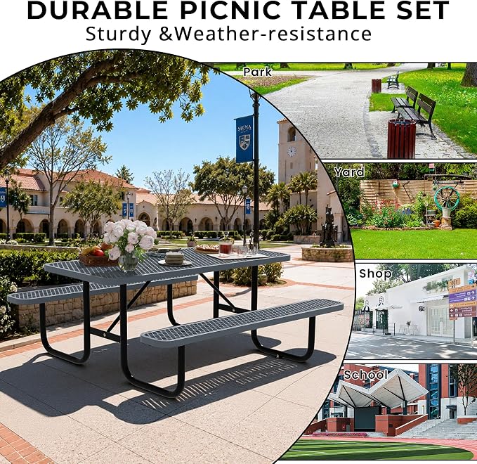 6FT Rectangular Steel Outdoor Picnic Table, Commercial Picnic Table Bench Set with Umbrella Hole, Weather-Resistant Heavy Duty School Dining Table for Stores, Park, Patio, Garden, Backyard, Grey