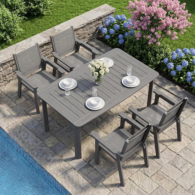5-Piece HDPE Outdoor Dining Set for 4, Outdoor Table and Chairs | Weather Resistant Patio Table and Textilene Chairs set, Square Table with Umbrella Hole for Garden, Backyard and Lawn, Grey
