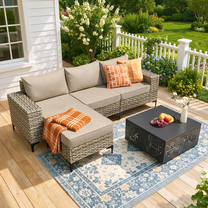 CAODOC 5-Piece Patio Furniture Set with L-Shape Sofa Chaise, Outdoor Sectional Couch Solar Table, Modern Modular Wicker Rattan Conversation Set