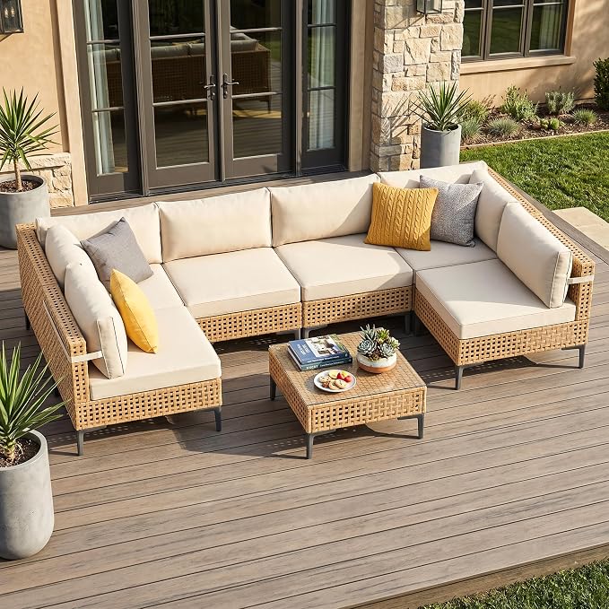 Patio Furniture Set 7 Piece Large Modular Outdoor Sectional Free Combination Outdoor Furniture with Thick Cushion All Weather Wicker Boho Patio Conversation Sets for Porch, Deck