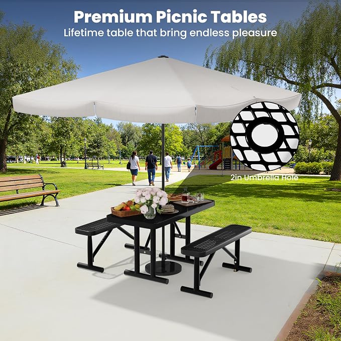 4FT Metal Picnic Tables for Outdoors, Commercial Rectangular Picnic Table for Outside, Park, Campfield, Patio, Garden, Yard, Thermoplastic Coating, Surface Mounted, Black