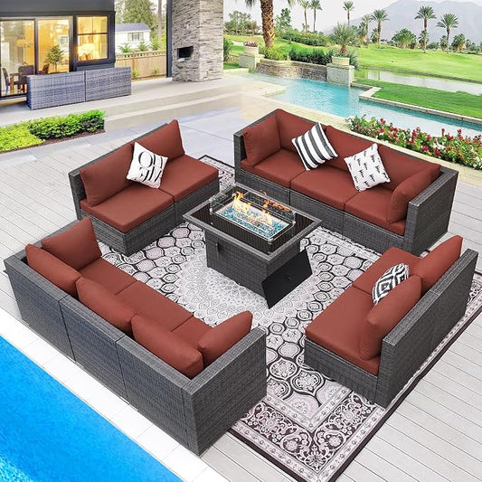 BULEXYARD Large High Back Grey Rattan Patio Furniture Set with Propane/Gas Fire Pit Table, Luxury Deep Wide Seat Outdoor Sectional Sofa, Modern Wicker Modular Conversation Couch (11Pcs-A, Dark Red)