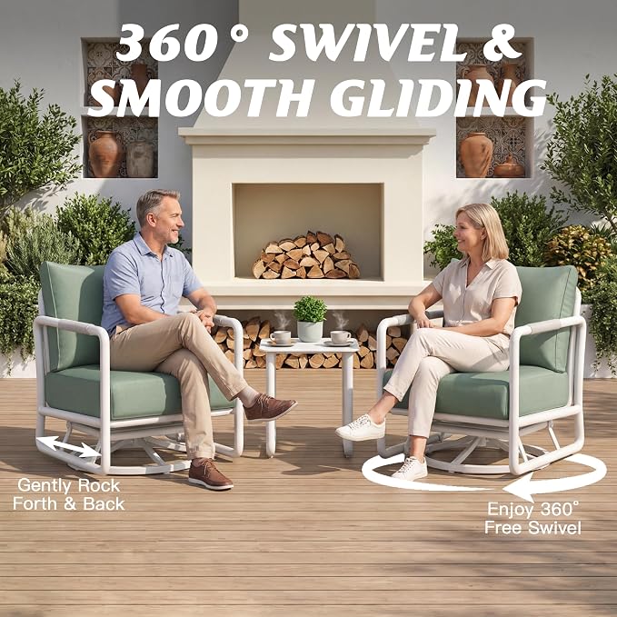 Outdoor Aluminum Patio Furniture Set with 43" Fire Pit Table,7-Seat Outdoor Conversation Set with Swivel Chairs & Loveseat & Ottomans, All-Weather Patio Set for Backyard，White