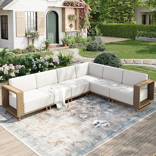 MIXPATIO 6 Pieces Patio Furniture Set, Outdoor Sectional Conversation Sets with 10" Thick Cushions, L Shaped Deep Seating Yellow Wicker Rattan Modular Sofa Couch, Low Profile Deck Lawn Furniture