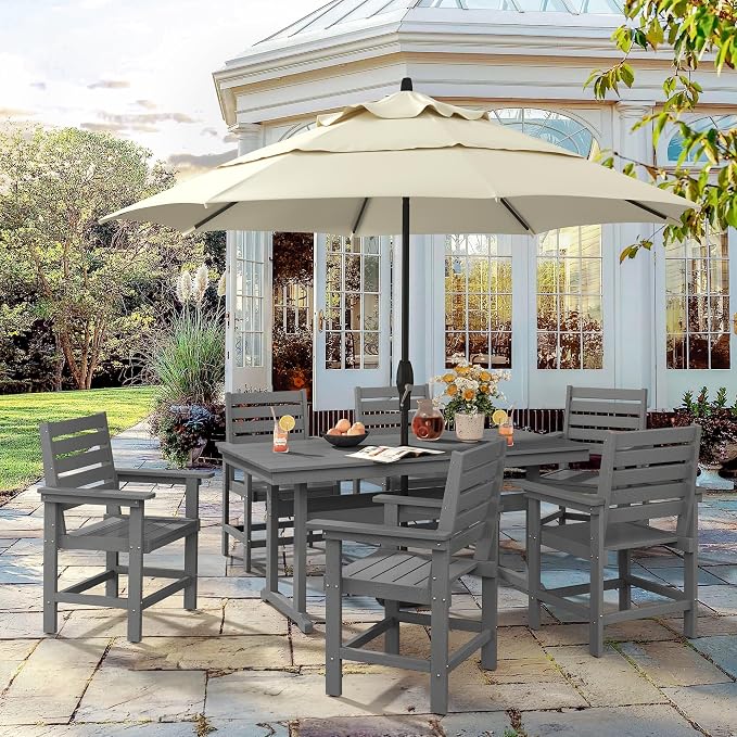 5 Piece Patio Dining Set, 66" Rectangle HDPS Weather Resistant Outdoor Table & 4 Patio Chairs Set with 1.96" Umbrella Hole, Heavy Duty Chairs for Backyard Balcony Deck, Grey