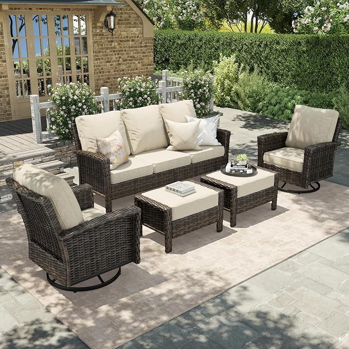 HERA'S HOUSE 5-Piece Patio Furniture Set, Outdoor High Back Swivel Chairs Set with Ottomans, Brown Wicker Conversation Set with 5.5” Thick Cushion for Deck Porch Garden Lawn, Beige