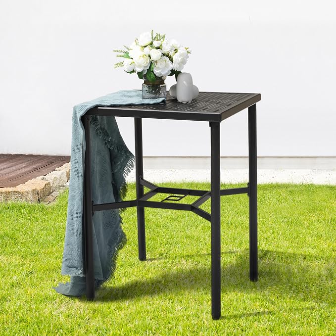NUU GARDEN 28" Square Outdoor Bar Table with Umbrella Hole, Metal Patio Bistro Table for Garden, Lawn, Poolside – Black with Gold Speckles