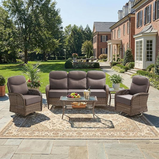 Luxury Patio Furniture Set with 6-inch Thick Cushions, Outdoor Furniture Set with High Back Swivel Chairs, 5 PCS Wicker Outdoor Conversation Set for Porch, Patio, Yard, Deck, Poolside, Brown/Grey