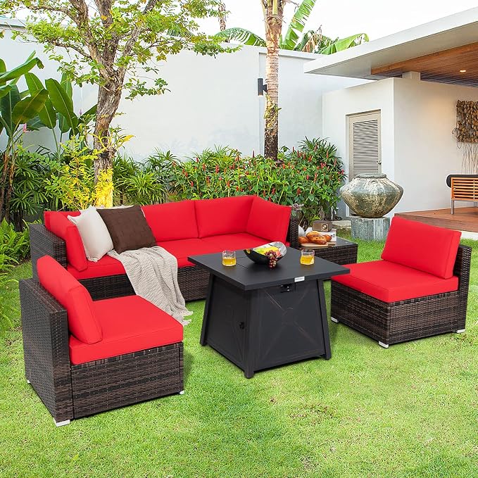 Tangkula 7 Piece Patio Furniture Set w/Fire Pit Table, Patiojoy Outdoor Rattan Conversation Sofa Set w/30 Square Propane Fire Pit Table, 50,000 BTU Heat Output, Protective Cover Included (Red)
