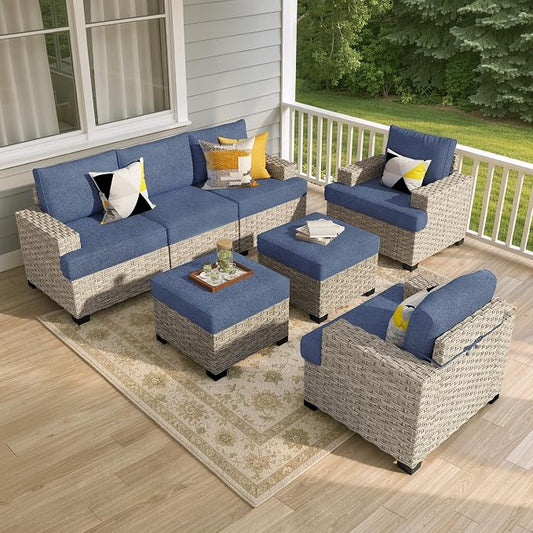 Weaxty 7 Pieces Outdoor Furniture Set, Patio Sectional Sofa Wide Seats Couch Chair with Ottoman, Thick Cushion All-Weather Rattan Patio Conversation Sets for Backyard Porch Balcony, Denim Blue